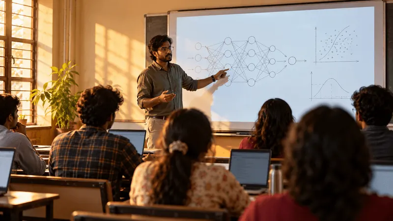 A teacher explaining a neural network diagram on a whiteboard to a class