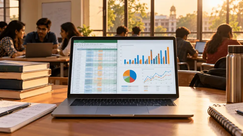 A laptop showing spreadsheet data and charts on a library table