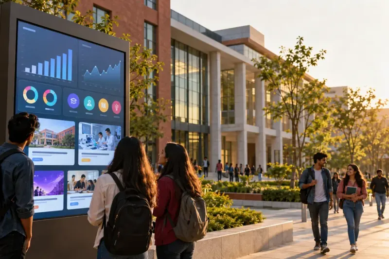 Students looking at a digital information board on a college campus