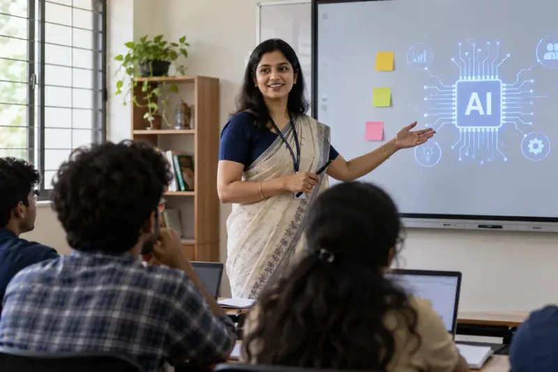 A teacher presenting AI concepts to a class