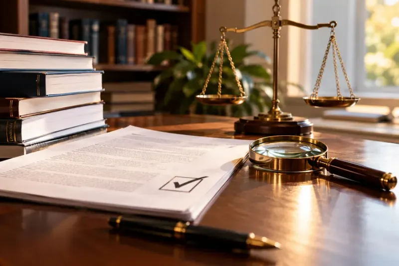 Research papers, books and scales of justice on a desk