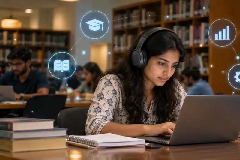 A student with headphones studying on a laptop in a library