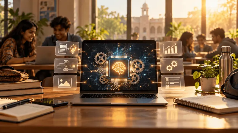 A laptop with an AI chip graphic surrounded by workflow icons