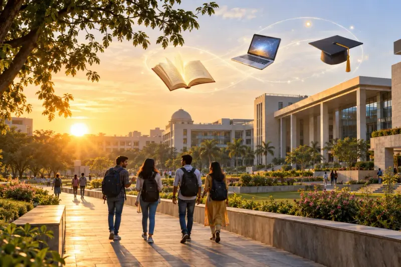 Students walking across a campus at sunrise