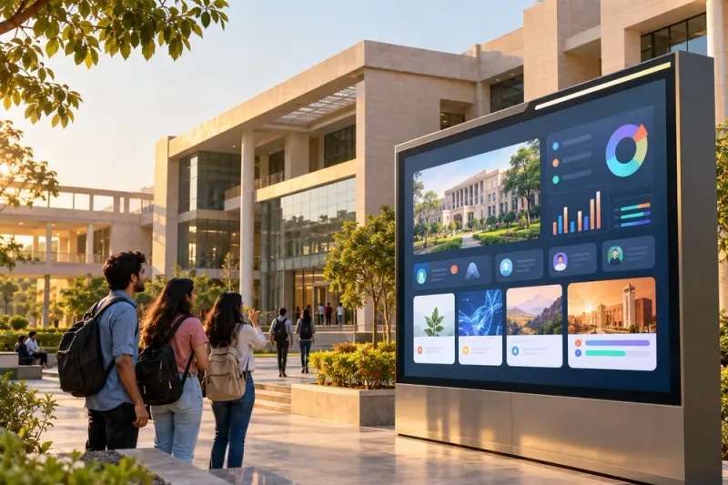 Students gathered around a digital board on a modern campus