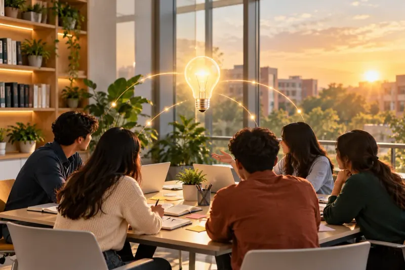 Students discussing ideas around a table