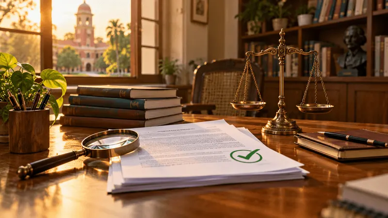 Research papers with a tick, a magnifying glass and scales of justice on a desk