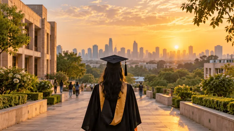 A graduate walking towards a city skyline at sunset